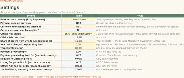 Etsy Fee & Profit Calculator: Settings tab, screenshot of the spreadsheet with sample data
