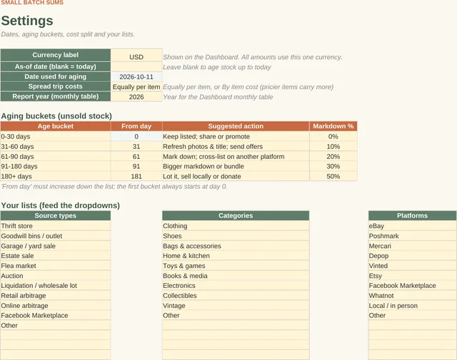 Reseller Inventory & Sourcing Tracker: Settings tab, screenshot of the spreadsheet with sample data