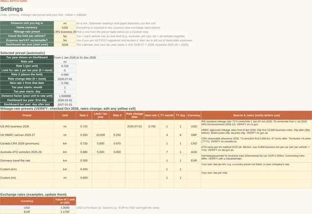 Reseller Mileage & Expense Tracker: Settings tab, screenshot of the spreadsheet with sample data