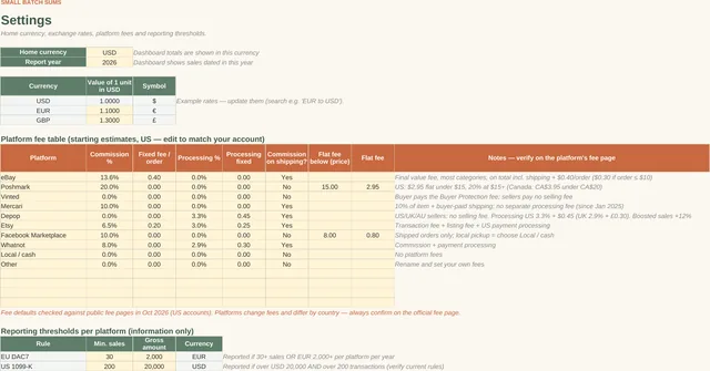 Reseller Profit Tracker: Fee settings tab, screenshot of the spreadsheet with sample data